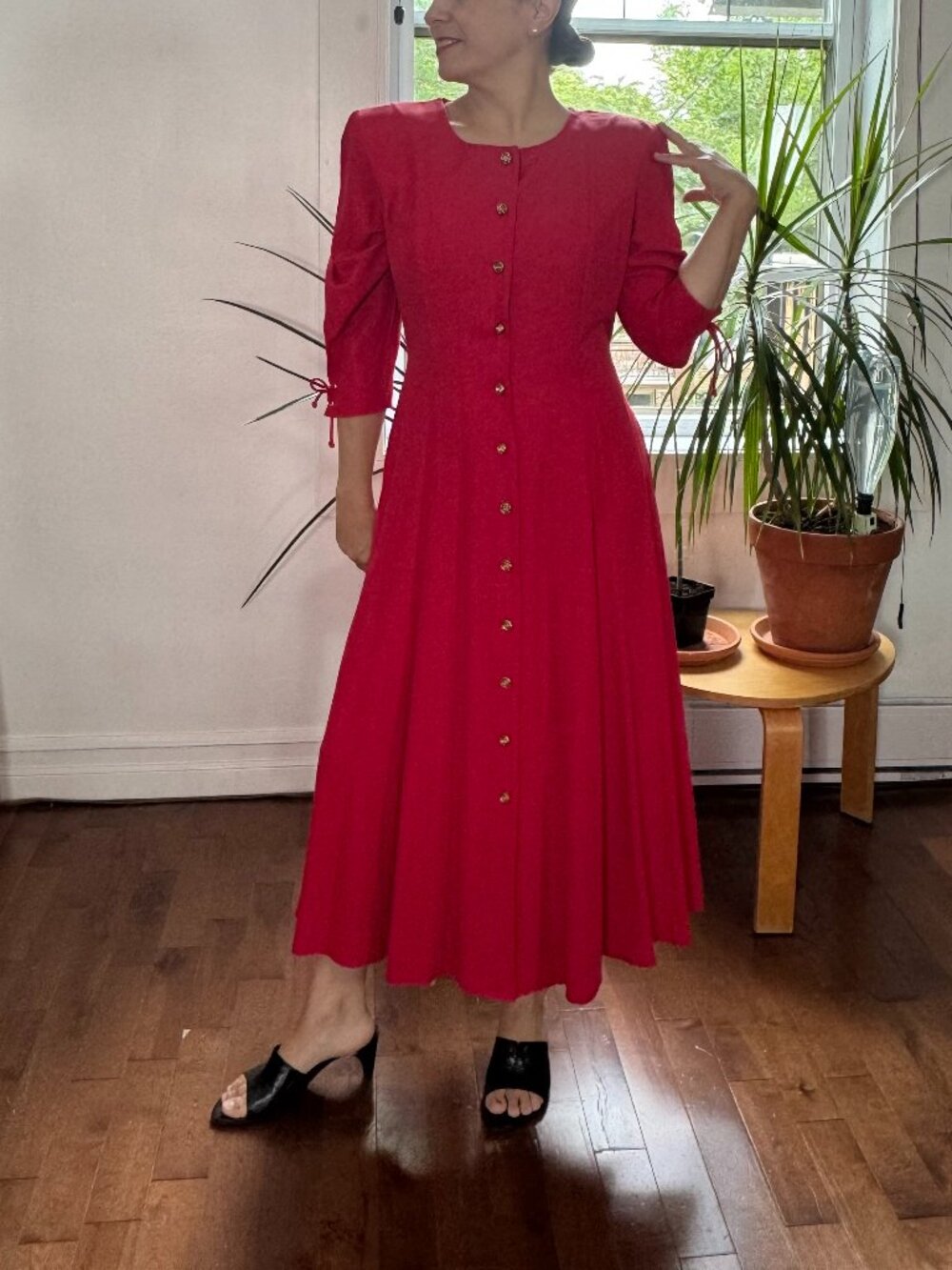 Vintage 80s Red Sleeved Long Dress with Shoulder Pads